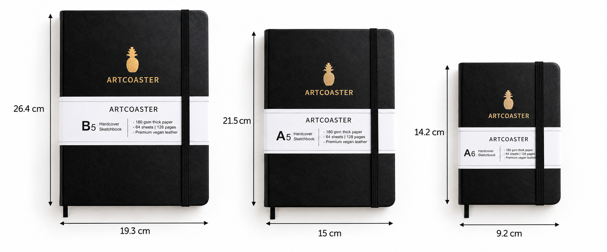 Three black Artcoaster hardcover notebooks shown side by side with dimension labels for different sizes.